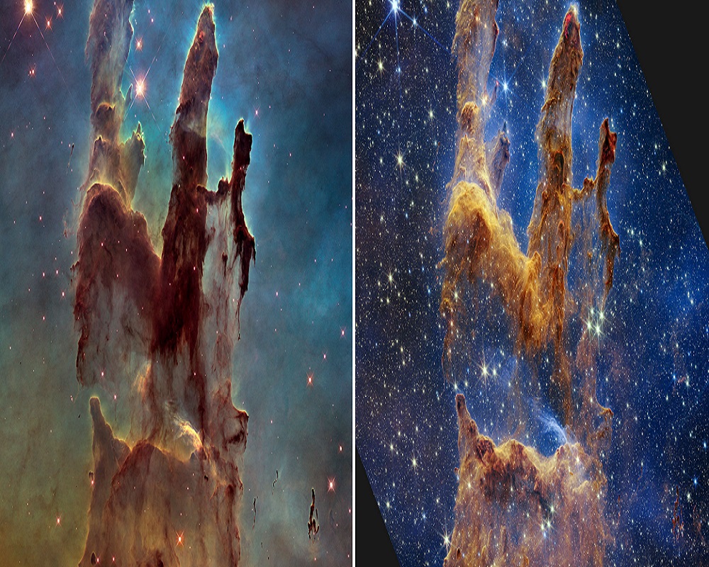 2104 में हबल टेलीस्कोप से ली गई आकाशगंगा की फोटो (बाएं) और अब जेम्स वेब स्पेस टेलीस्कोप की वही फोटो
