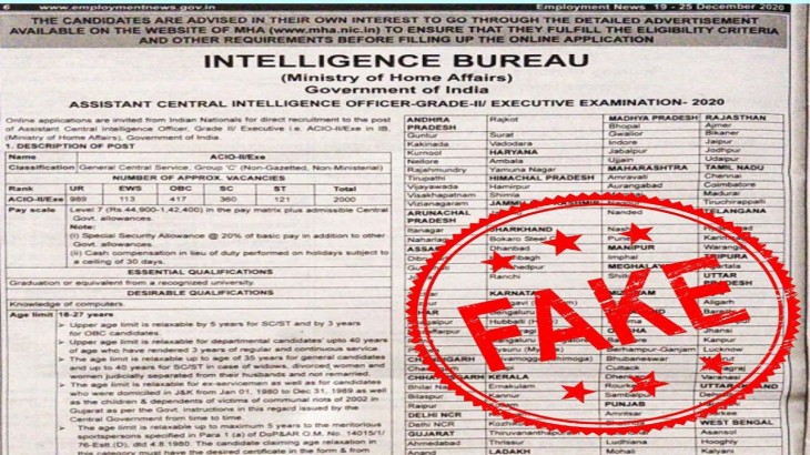 recruitment advertisement allegedly issued by the Intelligence Bureau