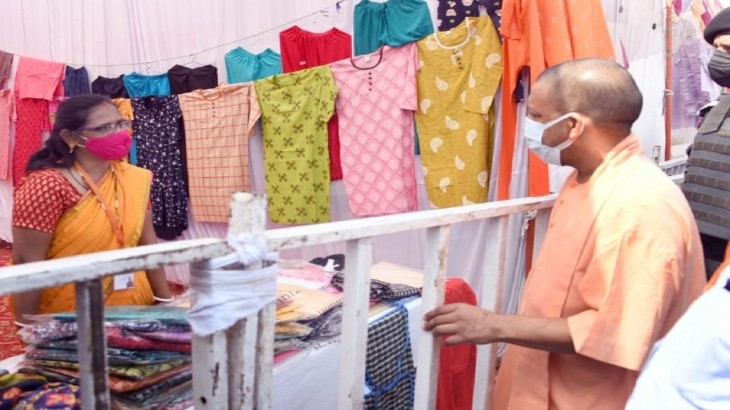 Yogi inspecting a readymade garment fair in Gorakhpur