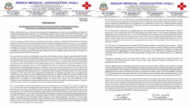 IMA told Health Ministry