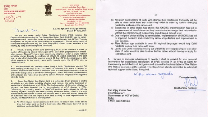 Food   Public Distribution writes to chief secretary of Delhi