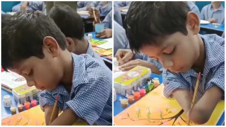 Differently Abled Boy making Painting By Arms