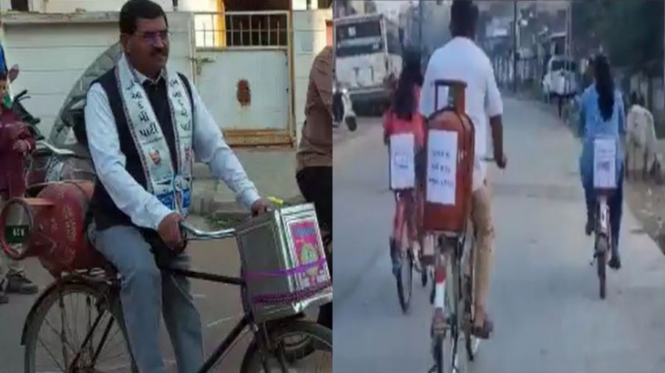 Gujarat Election Congress MLA Reaches Polling Booth with Gas cylinder